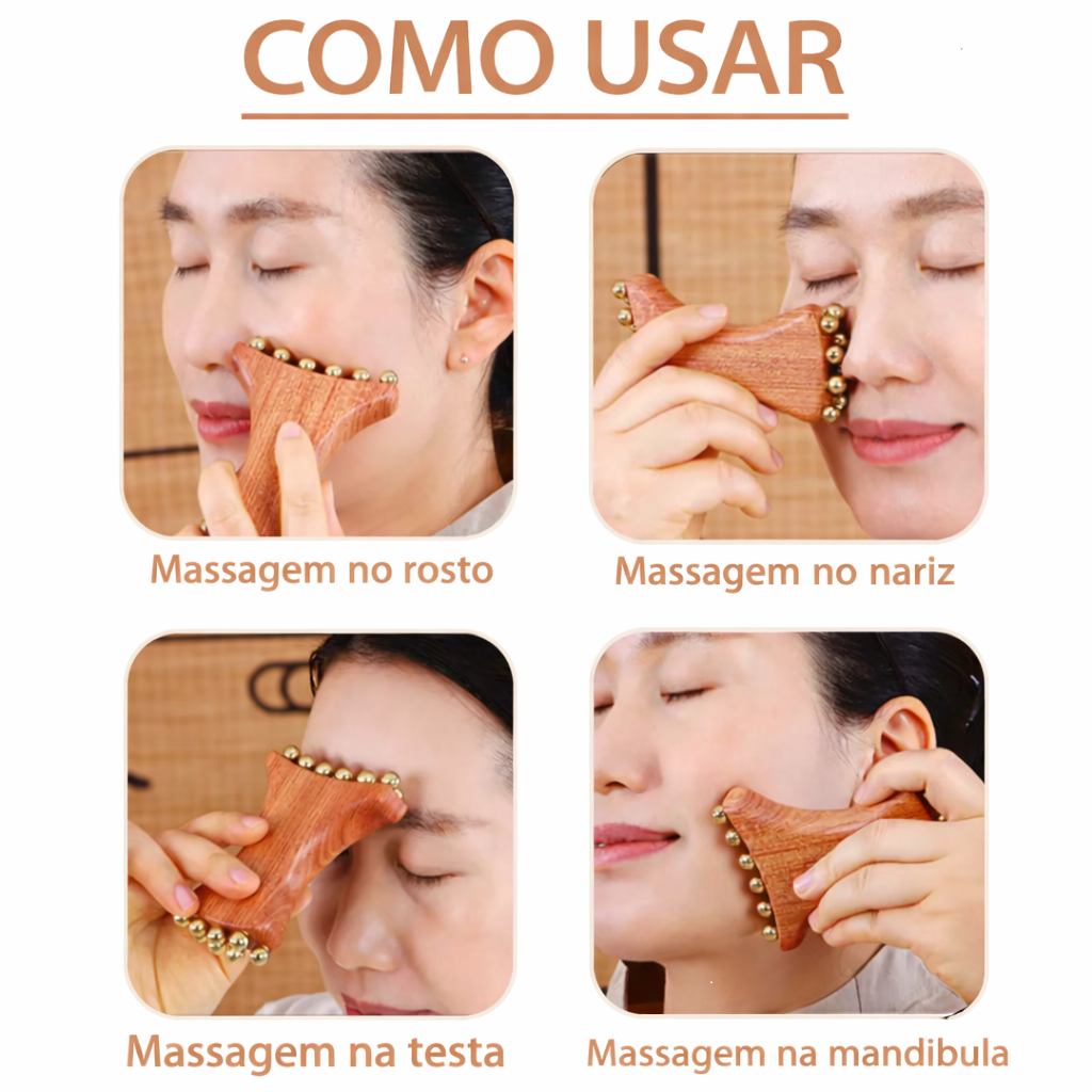 Massageador Facial de Madeira com Esferas Metálicas