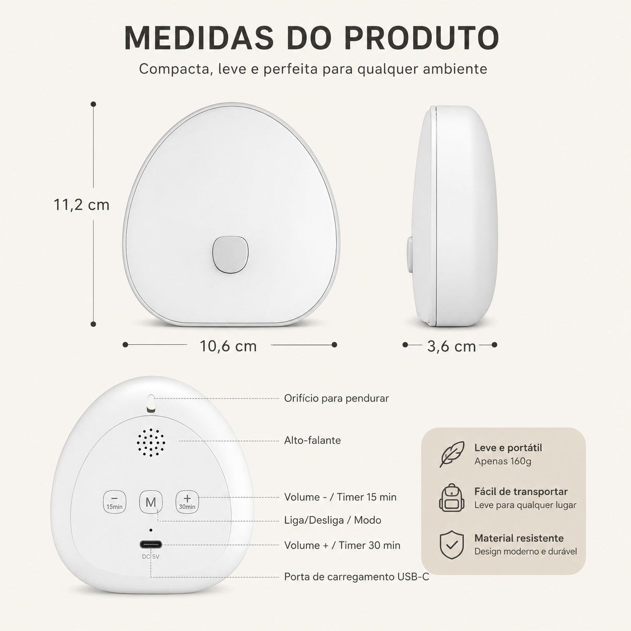 Máquina de Ruído Branco para Dormir com Timer e Luz Noturna